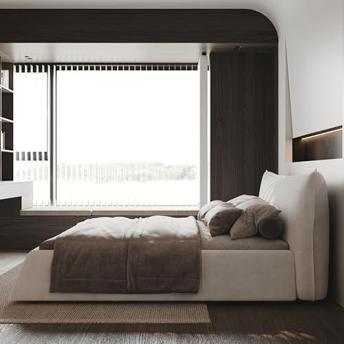 【並行輸入品】 Velvet Upholstered Platform Bed with Ergonomic Padded Headboard,の画像