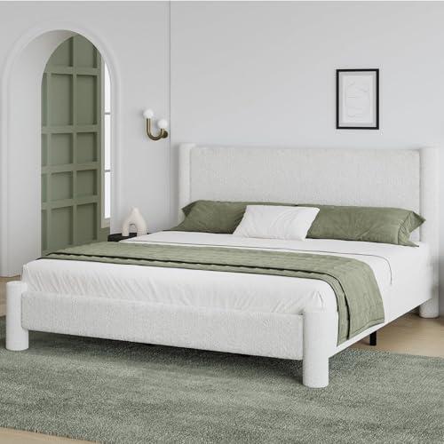 【並行輸入品】 King Size Bed Frame， Boucle Upholstered Platform Bed with Headbo_1
