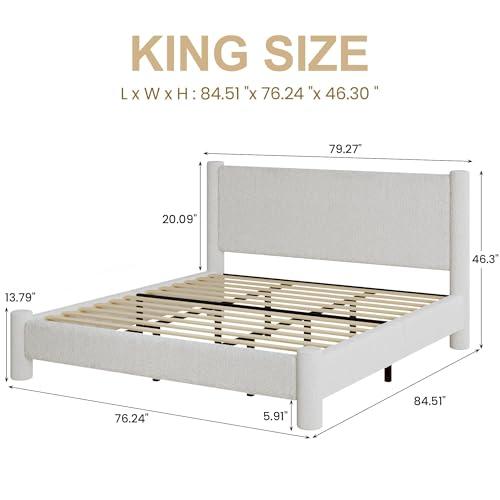 【並行輸入品】 King Size Bed Frame， Boucle Upholstered Platform Bed with Headbo_4