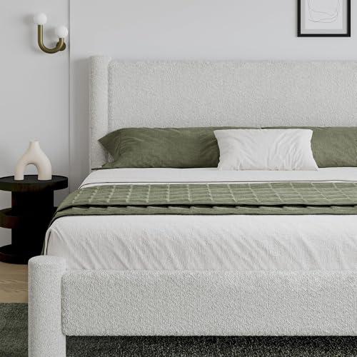 【並行輸入品】 King Size Bed Frame， Boucle Upholstered Platform Bed with Headbo_7