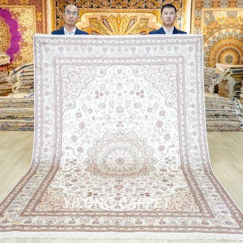 【並行輸入品】 Yilong Carpet 6x9ft White Silk Area Rug Hand Knotted Medallion Bの画像