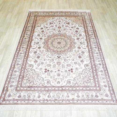 【並行輸入品】 Yilong Carpet 6x9ft White Silk Area Rug Hand Knotted Medallion Bの画像