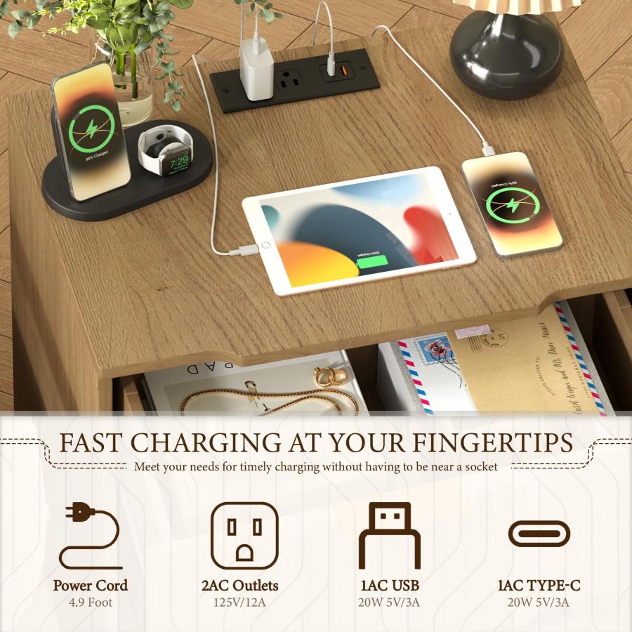 【並行輸入品】XIAO WEI エンドテーブル 20W 高速充電ステーション付き 溝付きソファサイドテーブル 収納付き 高さ21.7インチ 引き_6