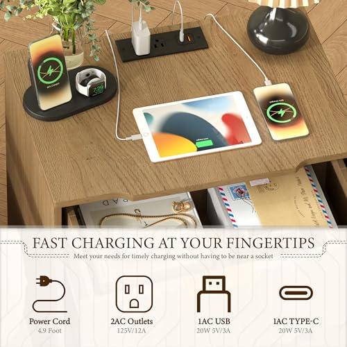 【並行輸入品】XIAO WEI エンドテーブル 20W 高速充電ステーション付き 溝付きソファサイドテーブル 収納付き 高さ21.7インチ 引き_7