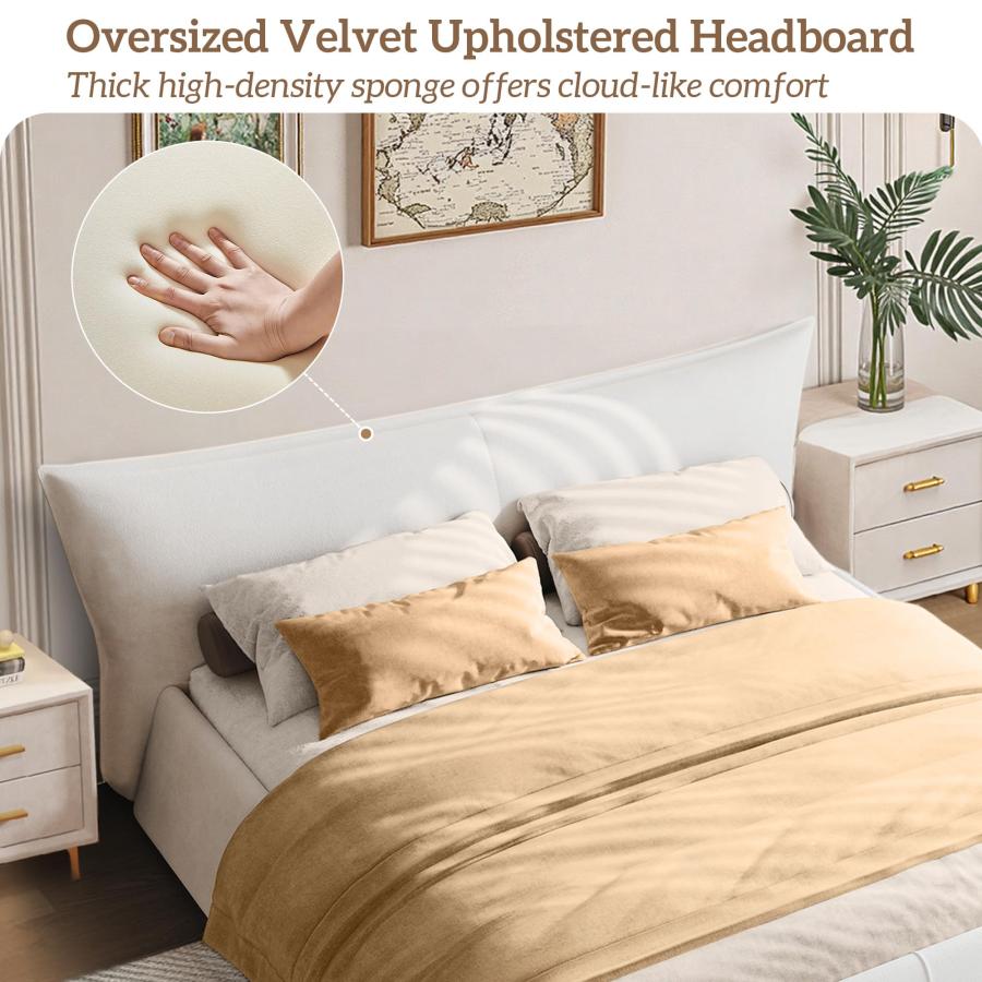【並行輸入品】 Queen Size Upholstered Platform Bed with Oversized Velvet Headboの画像
