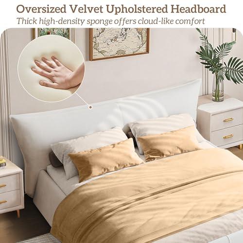 【並行輸入品】 Queen Size Upholstered Platform Bed with Oversized Velvet Headboの画像