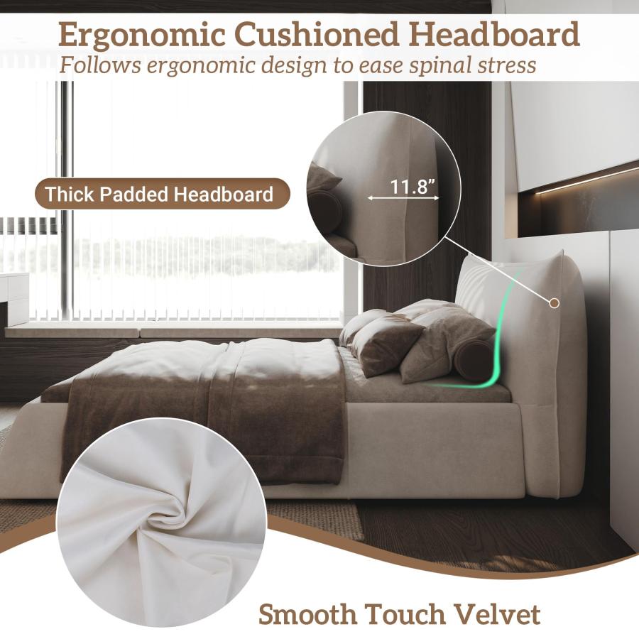 【並行輸入品】 Queen Size Upholstered Platform Bed with Oversized Velvet Headboの画像