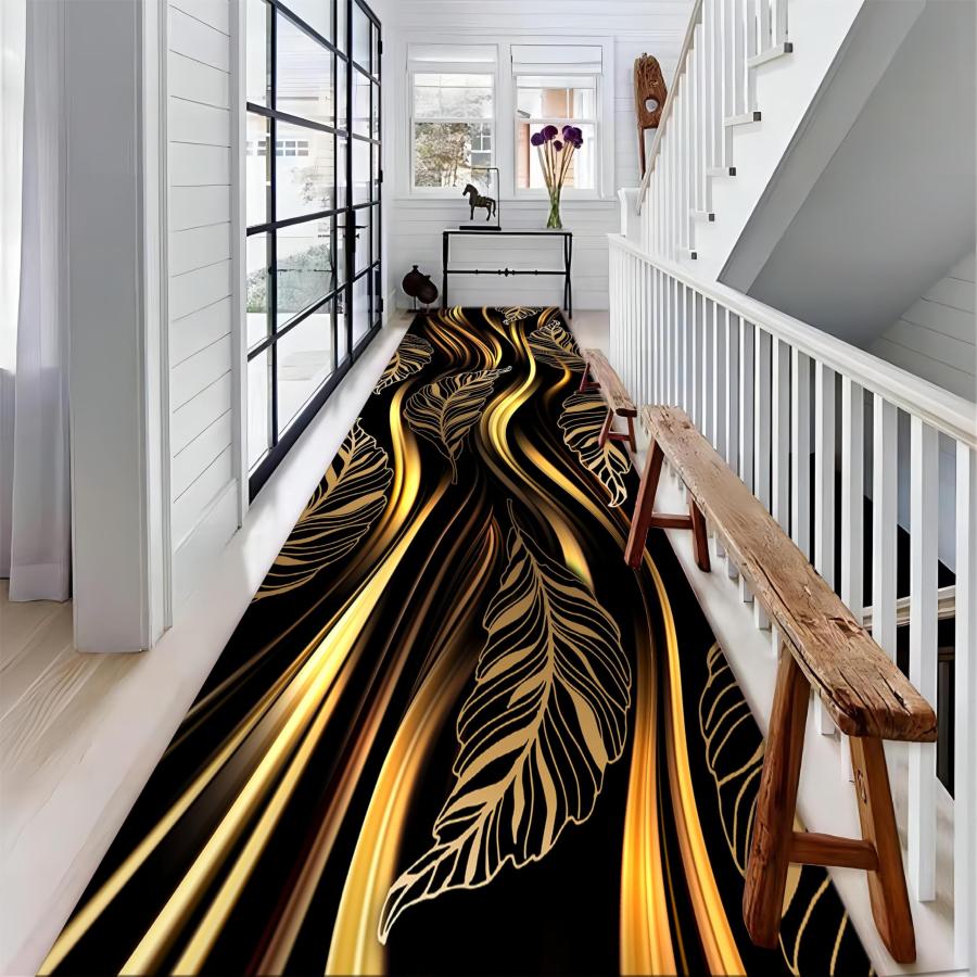 【並行輸入品】 Bycmuoz Black Gold Marble Texture Rug Runners for Hallways， 1.3x_3