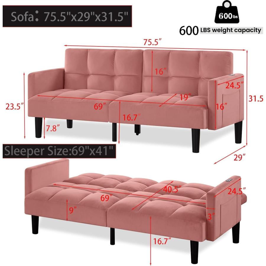 【並行輸入品】 Velvet Convertible Futon Sofa Bed with Adjustable Backrests， Pin_3