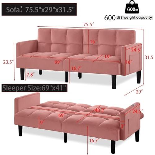 【並行輸入品】 Velvet Convertible Futon Sofa Bed with Adjustable Backrests， Pin_4