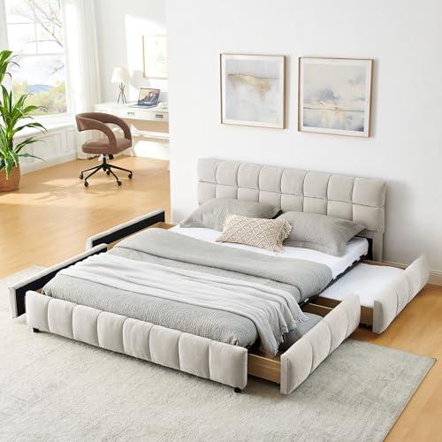 【並行輸入品】 TTK Upholstered Bed Frame with Thick Chenille Fabric， Tufted Hea_1