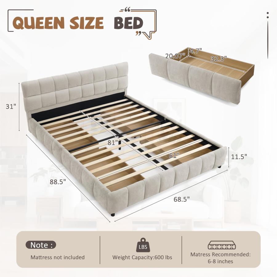 【並行輸入品】 TTK Upholstered Bed Frame with Thick Chenille Fabric， Tufted Hea_3