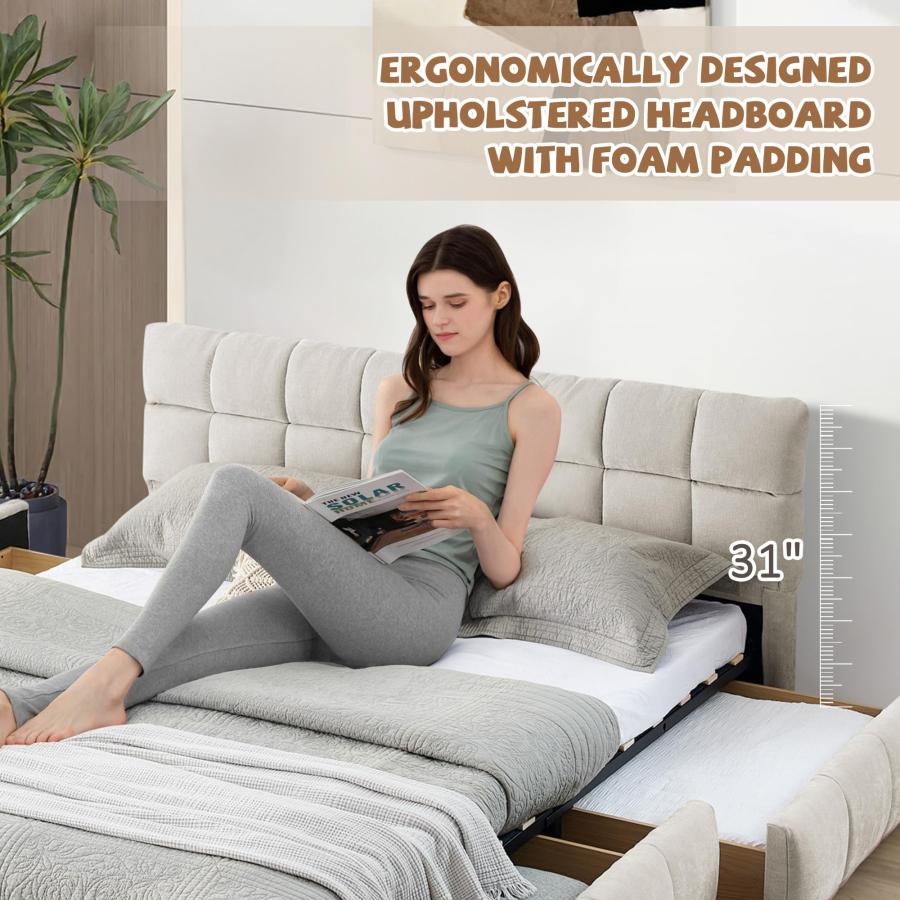 【並行輸入品】 TTK Upholstered Bed Frame with Thick Chenille Fabric， Tufted Hea_6