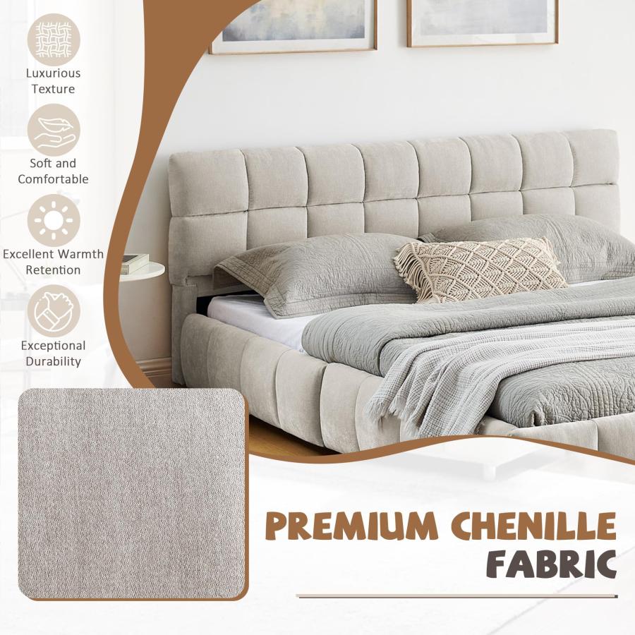 【並行輸入品】 TTK Upholstered Bed Frame with Thick Chenille Fabric， Tufted Hea_9