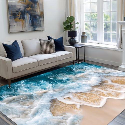 【並行輸入品】 Boho Beachside Design 3D Aesthetics Beige White Blue Ocean Rugs_1