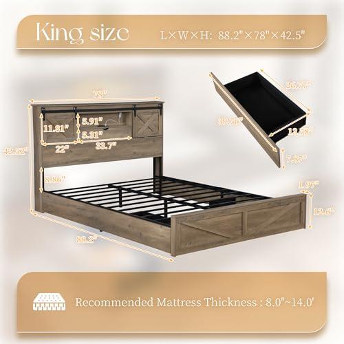 【並行輸入品】 HMYFGD Farmhouse Bed Frame King Size with Bookcase Storage Headb_4