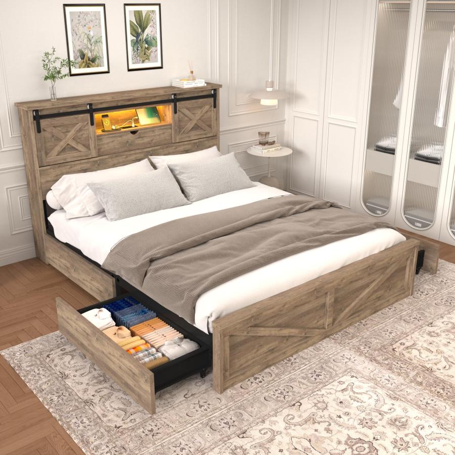 【並行輸入品】 HMYFGD Farmhouse Bed Frame King Size with Bookcase Storage Headb_6