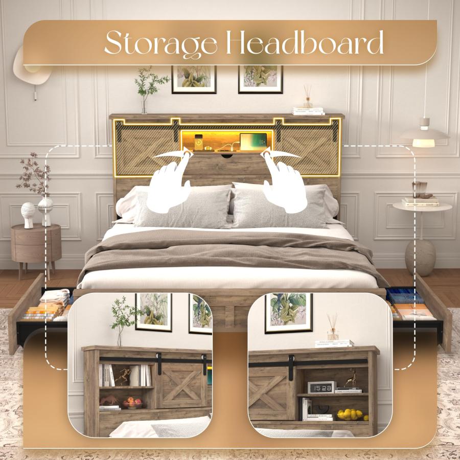 【並行輸入品】 HMYFGD Farmhouse Bed Frame King Size with Bookcase Storage Headb_9