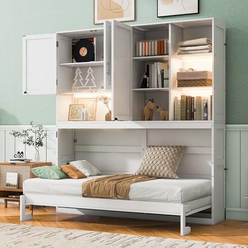 【並行輸入品】 SOFTSEA Twin Size Horizontal Murphy Bed with Bookcase, LED Lightの画像