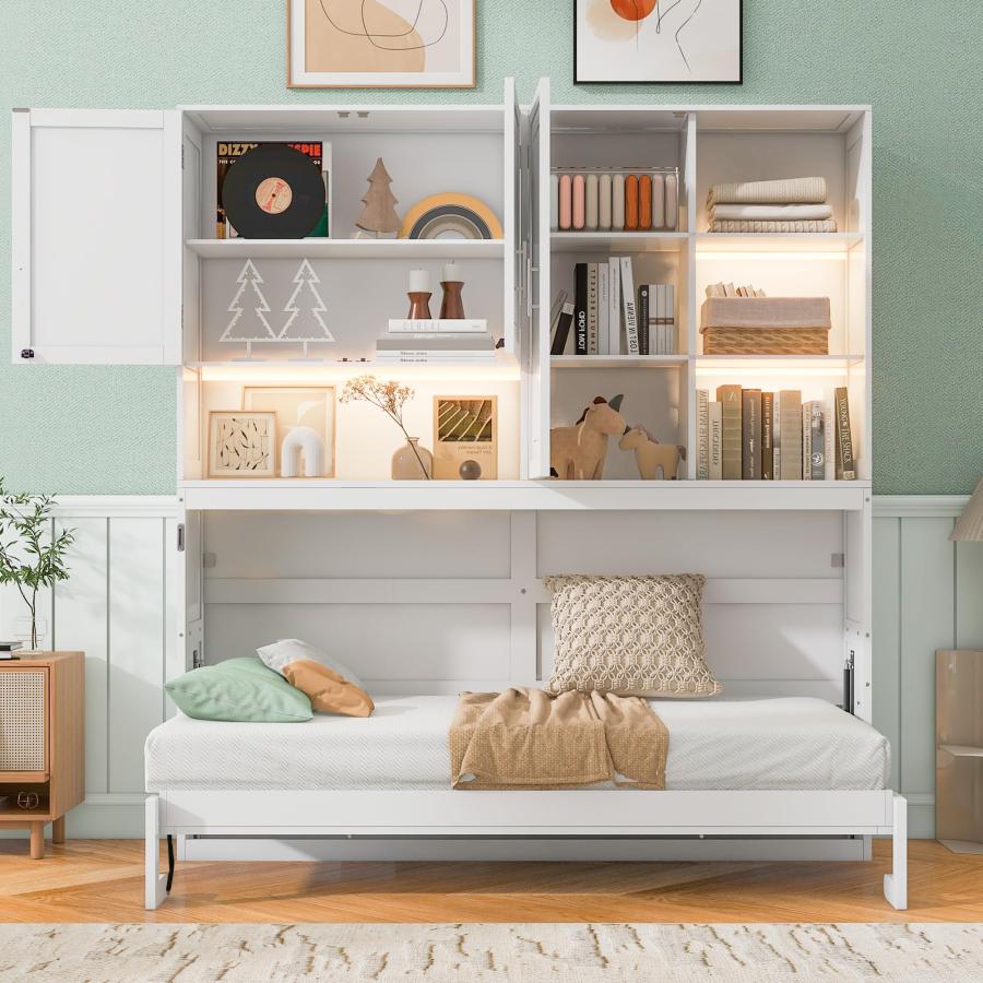 【並行輸入品】 SOFTSEA Twin Size Horizontal Murphy Bed with Bookcase, LED Lightの画像
