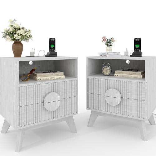 【並行輸入品】 Fluted Night Stand Set of 2， Wood Tall Nightstands with Charging