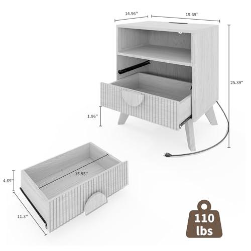 【並行輸入品】 Fluted Night Stand Set of 2， Wood Tall Nightstands with Charging
