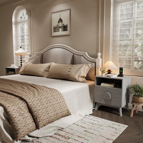 【並行輸入品】 Fluted Night Stand Set of 2， Wood Tall Nightstands with Charging
