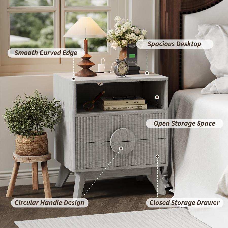 【並行輸入品】 Fluted Night Stand Set of 2， Wood Tall Nightstands with Charging