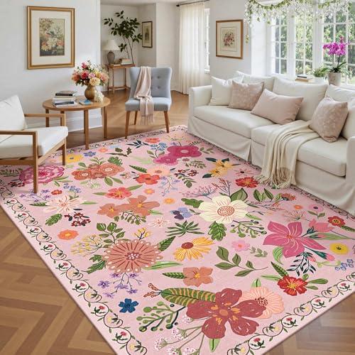 【並行輸入品】 Latte&Fog Floral Area Rugs 6x9， Large Washable Pink Rugs for Liv_1