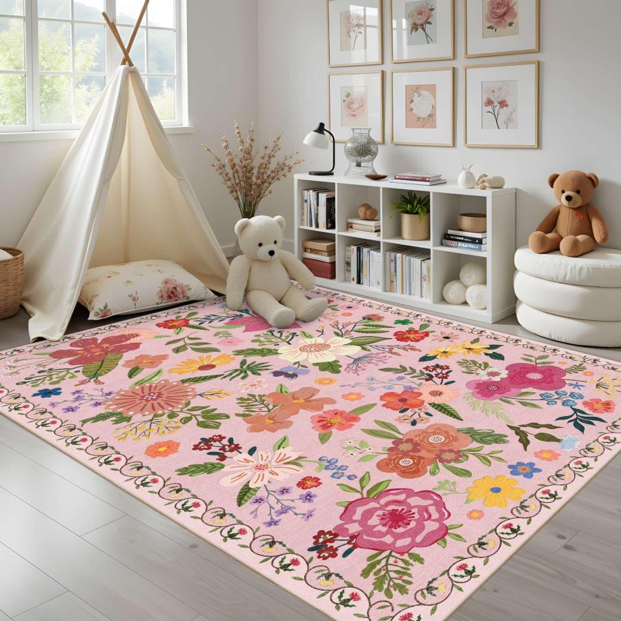 【並行輸入品】 Latte&Fog Floral Area Rugs 6x9， Large Washable Pink Rugs for Liv_3