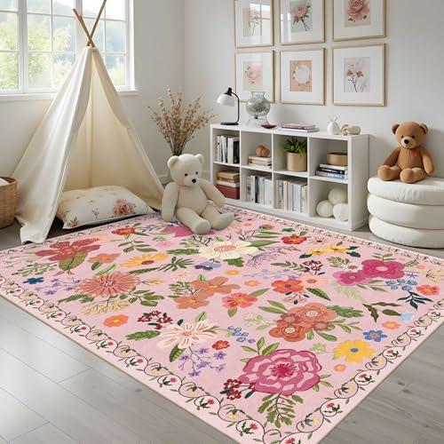 【並行輸入品】 Latte&Fog Floral Area Rugs 6x9， Large Washable Pink Rugs for Liv_4