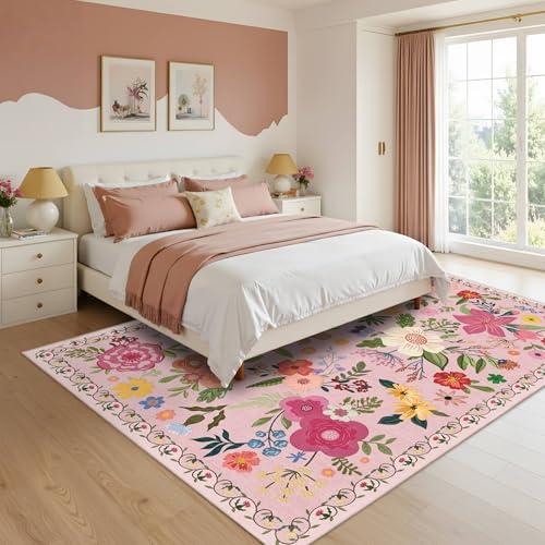【並行輸入品】 Latte&Fog Floral Area Rugs 6x9， Large Washable Pink Rugs for Liv_7