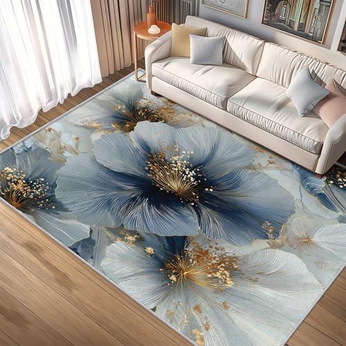 【並行輸入品】 Floral Rug， Washable 3x5 Rug for Living Room， Blue Gold Flower P_1