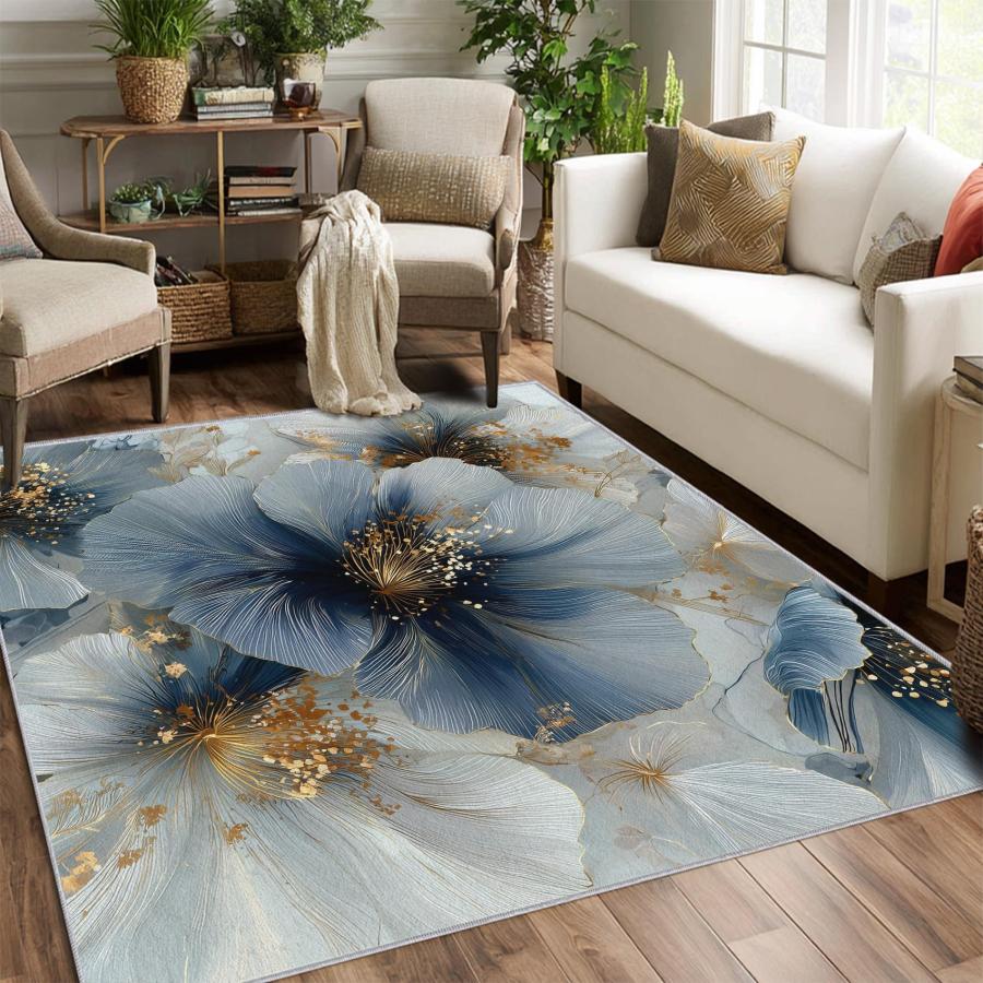 【並行輸入品】 Floral Rug， Washable 3x5 Rug for Living Room， Blue Gold Flower P_3