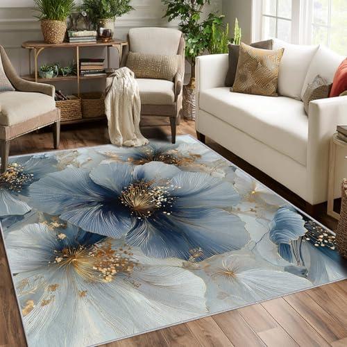 【並行輸入品】 Floral Rug， Washable 3x5 Rug for Living Room， Blue Gold Flower P_4