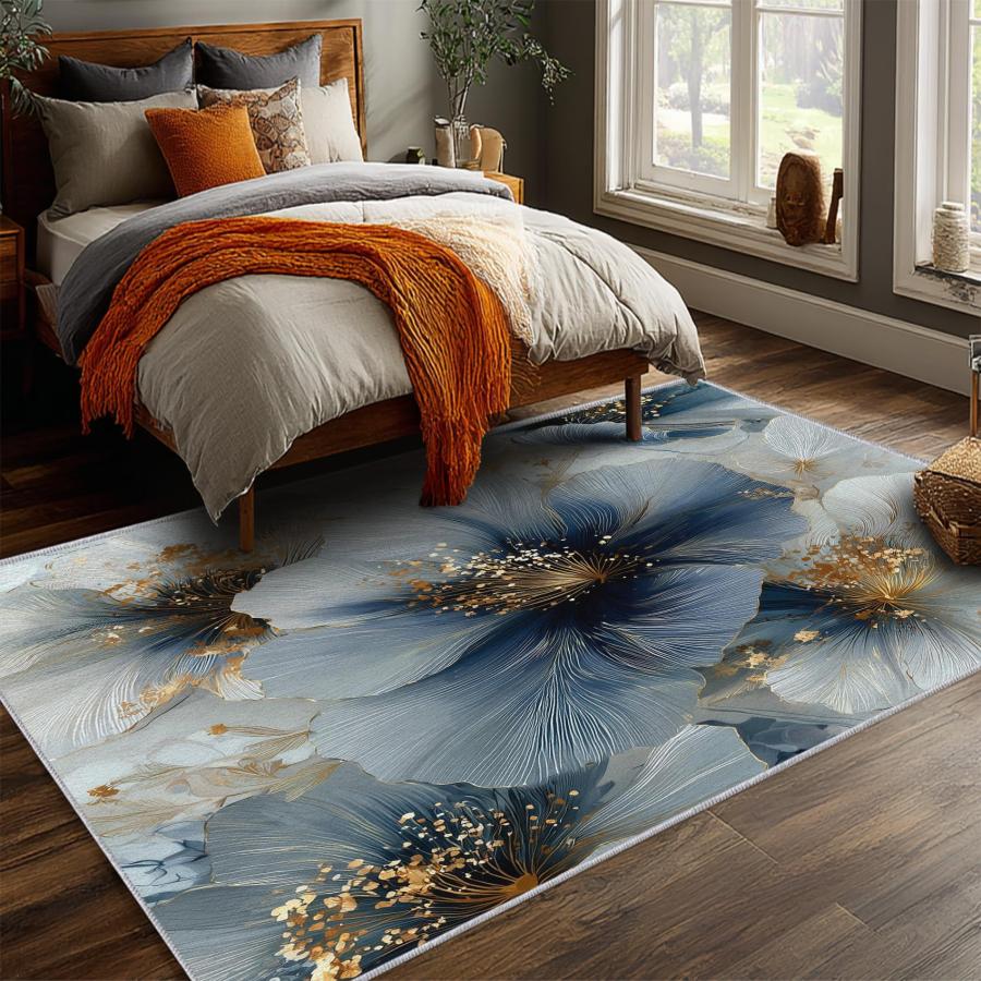 【並行輸入品】 Floral Rug， Washable 3x5 Rug for Living Room， Blue Gold Flower P_6