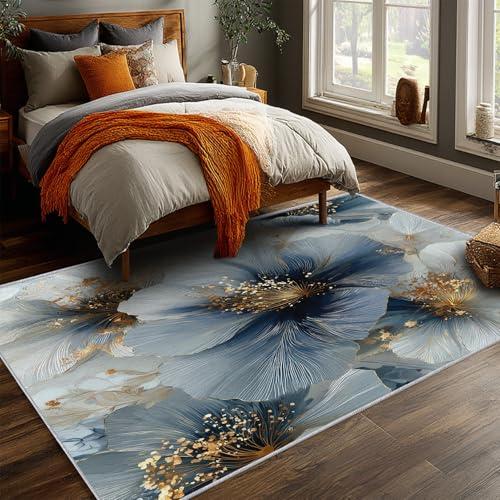 【並行輸入品】 Floral Rug， Washable 3x5 Rug for Living Room， Blue Gold Flower P_7