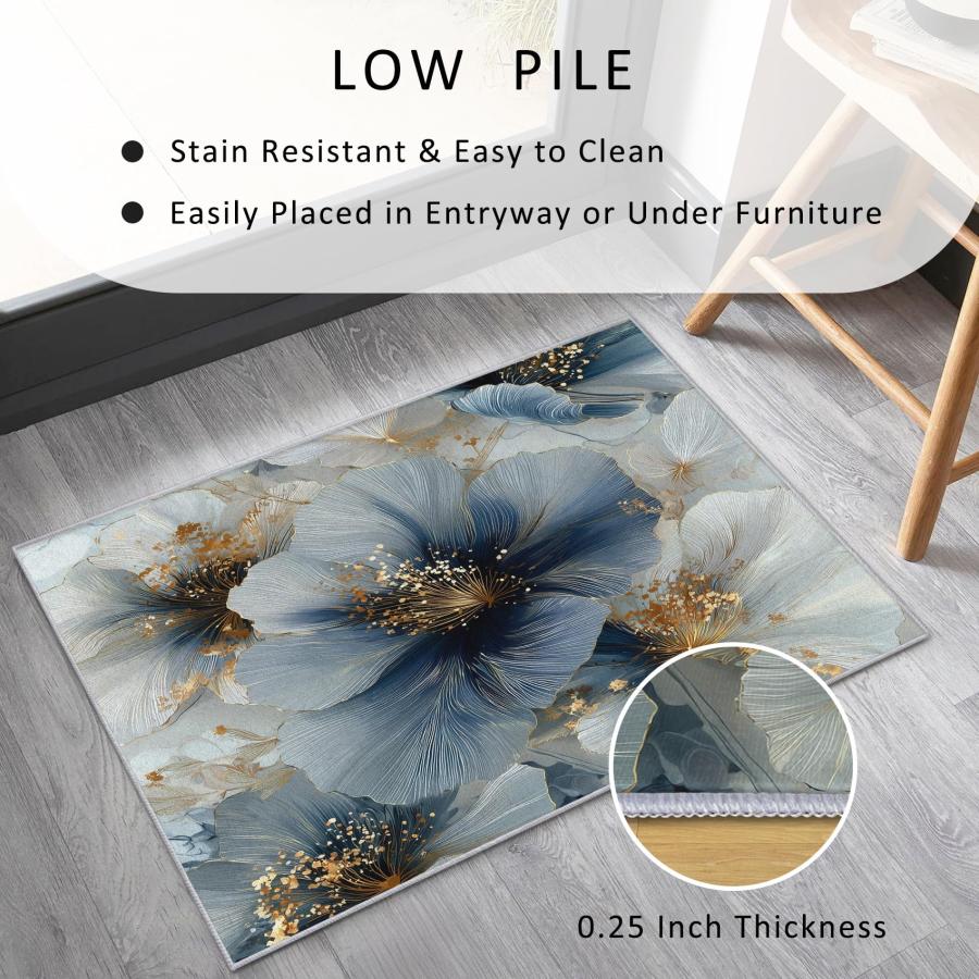 【並行輸入品】 Floral Rug， Washable 3x5 Rug for Living Room， Blue Gold Flower P_9