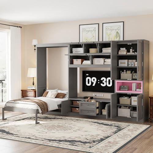 【並行輸入品】 Merax Twin Size Murphy Bed, Wooden Wall Muprhy Bed with TV Standの画像