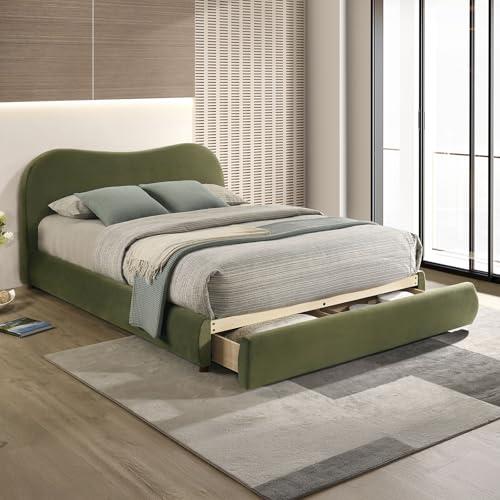 【並行輸入品】 Queen Size Olive Green upholstered Bed Frame with Curved Designの画像