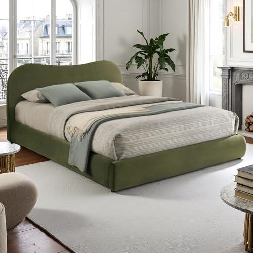【並行輸入品】 Queen Size Olive Green upholstered Bed Frame with Curved Designの画像