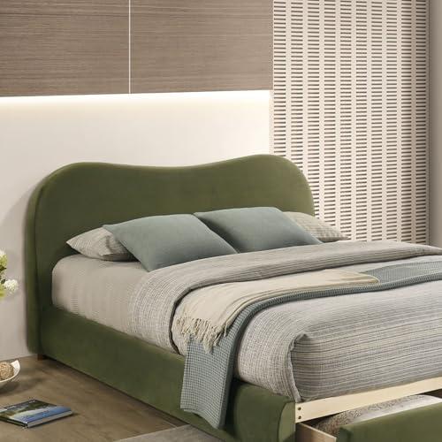 【並行輸入品】 Queen Size Olive Green upholstered Bed Frame with Curved Designの画像