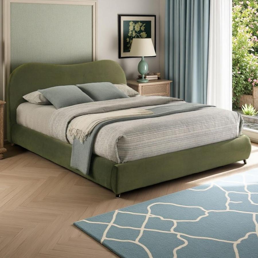 【並行輸入品】 Queen Size Olive Green upholstered Bed Frame with Curved Designの画像