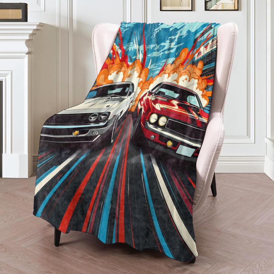 【並行輸入品】 High Speed Racing Muscle Car Throw Blanket， Throw Blanket for Fl