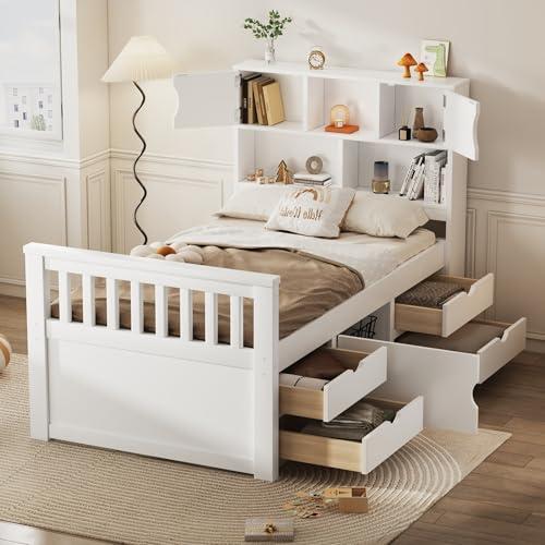 【並行輸入品】 Twin Bed Frame with 3 Tier Storage Bookcases Headboard， Captain_1