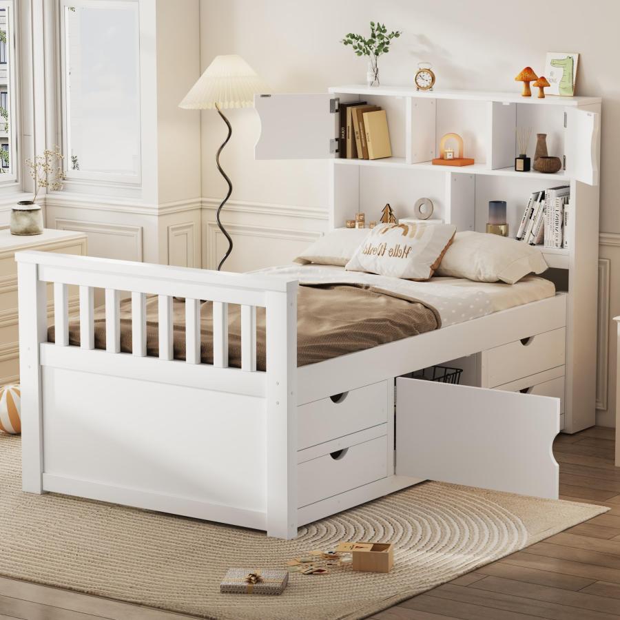 【並行輸入品】 Twin Bed Frame with 3 Tier Storage Bookcases Headboard， Captain_6