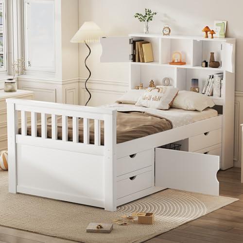 【並行輸入品】 Twin Bed Frame with 3 Tier Storage Bookcases Headboard， Captain_7