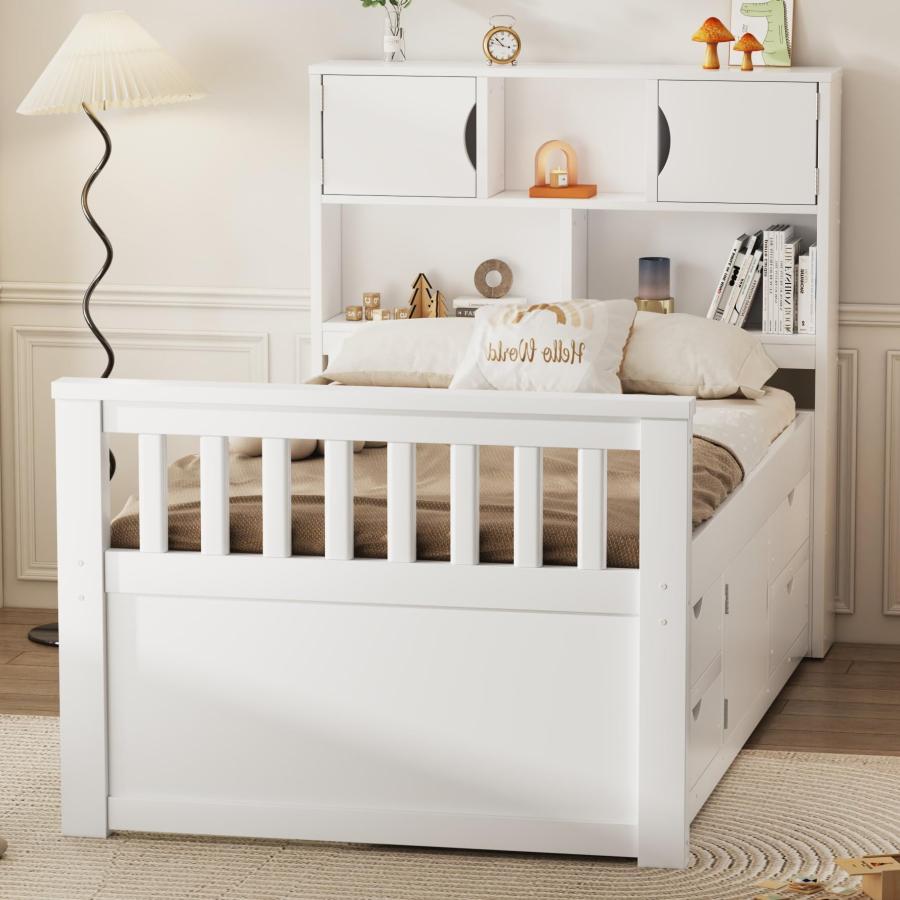 【並行輸入品】 Twin Bed Frame with 3 Tier Storage Bookcases Headboard， Captain_9