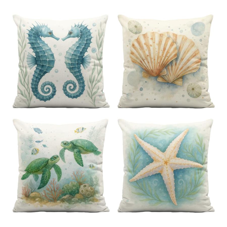【並行輸入品】 LPHCUE Ocean Pillow Covers 18×18 Inch Set of 4, Seashell Turtle