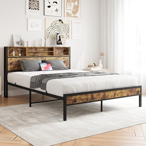 【並行輸入品】 Beuiosda Rustic Queen Size Bed Frame with Storage Headboard Plat_7